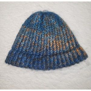 Handmade Hand Crochet Knit Beanie Hat Thick Reversible Blue Multicolored OS